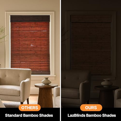 Blackout Bamboo Roman Shades - Penang Teak, 35x64 Inches, Cordless, Inside Mount