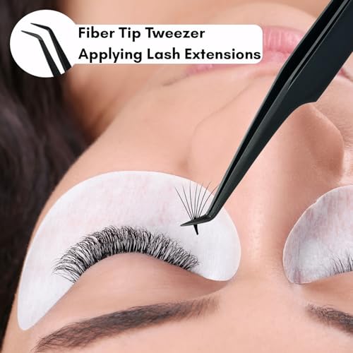 45 Degree Volume Fiber Tip Lash Tweezer ? The Ultimate Grab, Professional Eyelash Extension Tweezers, Precision Fan Making, Plain Grip (Black)