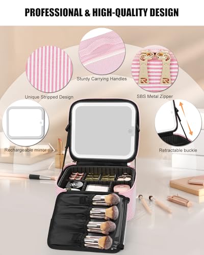 Relavel Travel Makeup Bag with LED Mirror - Detachable Dividers, Small Strip Variant