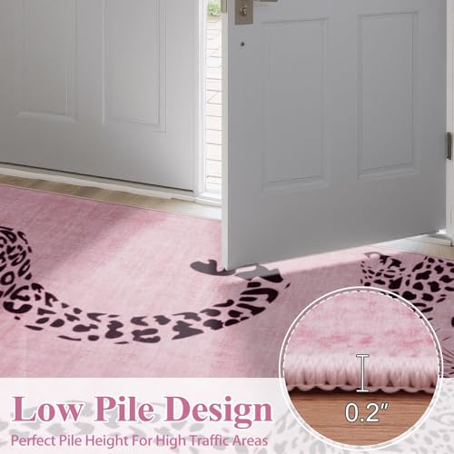 OJIA Pink Leopard Print 5x7 Washable Area Rug for Living Room, Soft & Non-Slip