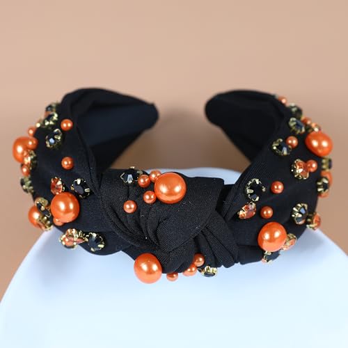 Halloween Pearl Knotted Headbands for Women Sparkly Beaded Crystal Embellished Headband Wide Top Knot Black Pumpkin Hairband Fancy Girls Halloween Hair Accessories Outfits