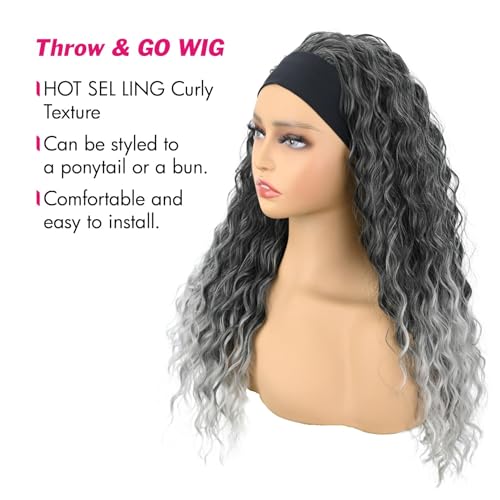 Deep Wave Headband Wig 20 Inch Gray Synthetic Curly Hair for Black Women - Glueless, Adjustable Cap