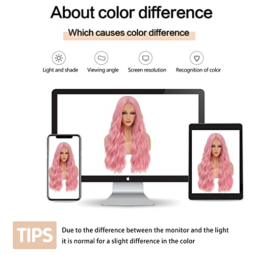 Long Pink Wavy Wig for Women 26 Inch Pastel Pink Hairpiece with Realistic Hairline - Variation of Pink