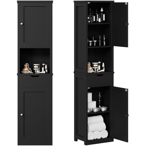 Tall Bathroom Storage Cabinet - Narrow Slim Black Cabinet with Drawers & Shelves - Corner Unit