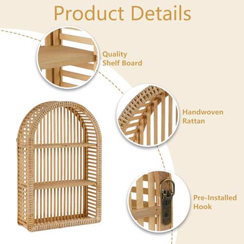 3-Tier Rattan Wall Shelf - Boho Arch Hanging Floating Shelf for Living Room & Bathroom