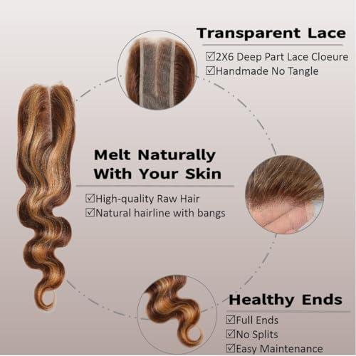 Brazilian Human Hair Closure 2x6 Lace Frontal Highlight Body Wave P4/27 - 12 Inch with Variation P4/27 Ombre Brown and Honey Blonde