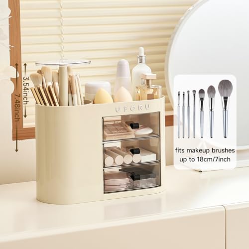UFORU Makeup Organizer with Pop-Up Brush Holder - Cream White Vanity Storage