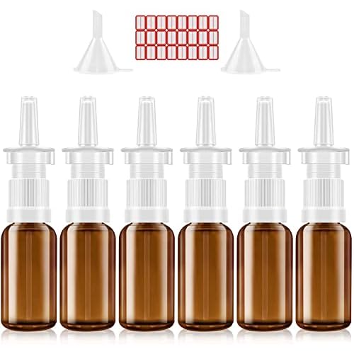 Nasal Spray Bottle, 6 Pcs 30ML/1oz Glass Amber Refillable Fine Mist Sprayers Atomizers, Small Empty Nasal Sprayer with Funnels and Labels