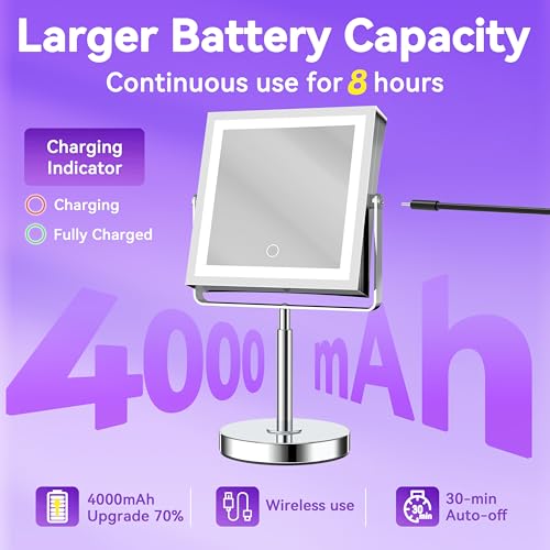 JIONIESIM Series 1X/10X Makeup Mirror with Lights, Double Sides Lighted Magnifying Mirror with 3 Colors, Height & Brightness Adjustable, Rechargeable 4000mAh Vanity Mirror (Brushed Nickel)