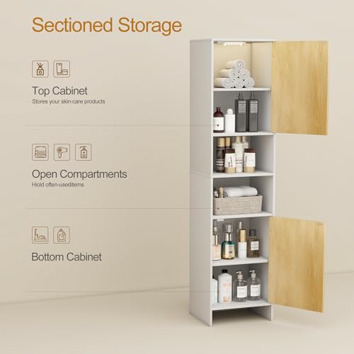 UYIHOME White Tall Narrow Bathroom Storage Cabinet with USB Light