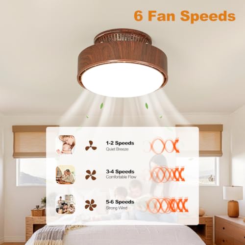 Walnut Bladeless Ceiling Fan with Lights, 11 Inch Flush Mount Fandelier, Remote Control, Dimmable LED for Bedroom & Kitchen