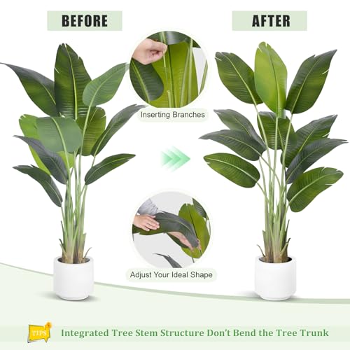 Artificial Bird of Paradise Tree 5ft Tall Fake Tropical Plant with White Pot - Indoor Decor