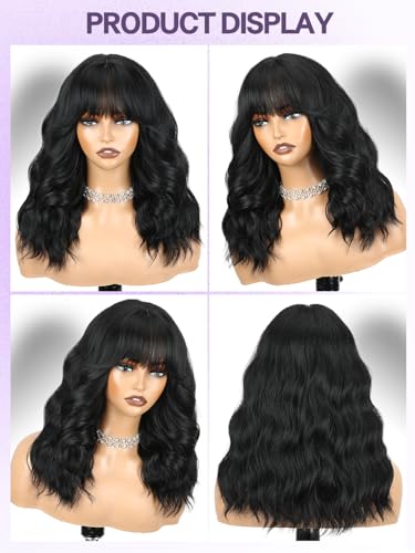 Black Short Wavy Bob Wig with Bangs for Women - 16 Inch Layered Curly Style - Variation: Black