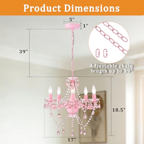 Pink Crystal Chandelier for Girls Bedroom - 5-Light Ceiling Fixture, Adjustable Height