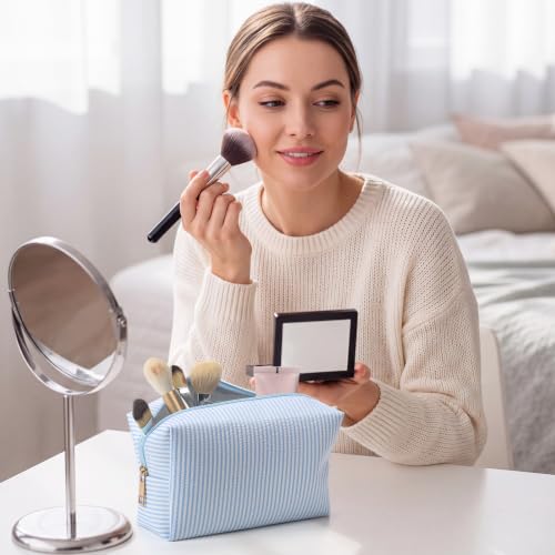 Sanwuta Light Blue 36 Pcs Seersucker Cosmetic Bags Bulk with Zippered Stripes