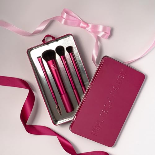 Real Techniques Blend, Set + Stash 5 Piece Holiday Makeup Brush Set with Storage Tin, Face & Eye Brushes for Foundation, Powder, Brows & Eyeshadow, Gift for Her, Cruelty-Free & Vegan