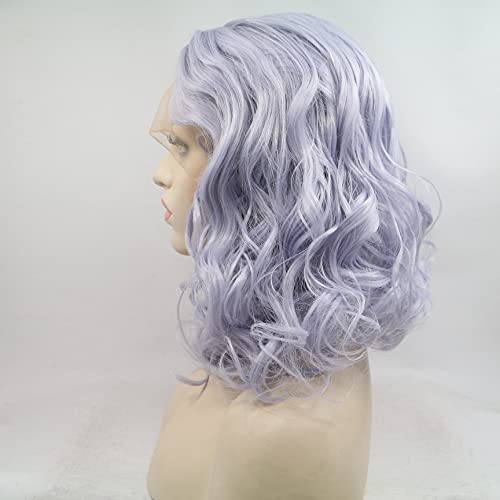 Short Curly Lavender Lace Front Wig 14 Inch Synthetic Heat-Resistant Hair for Women & Drag Queens - Lilac