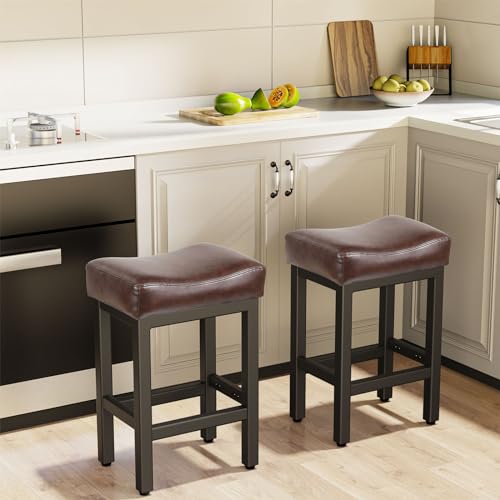 Raynesys 24 Inch Bonded Leather Counter Height Bar Stools Set of 2 - All Black, Ergonomic Saddle Seat