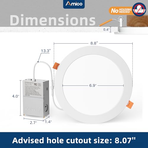 Amico 12 Pack 8-Inch White LED Recessed Canless Downlights with 5 CCT Options