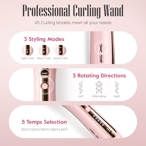 Pink Automatic Rotating Curling Iron for Long Hair - Easy Salon-Style Waves