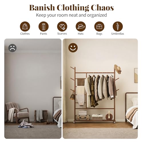 Walnut Wooden Clothing Rack 4-in-1 with Wheels - Heavy Duty & Portable