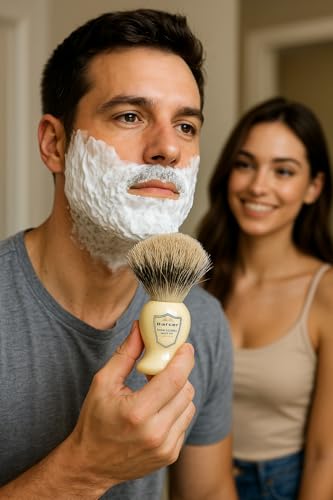 Premium Badger Shaving Brush with Faux Ivory Handle - 3-Band Pure Bristles