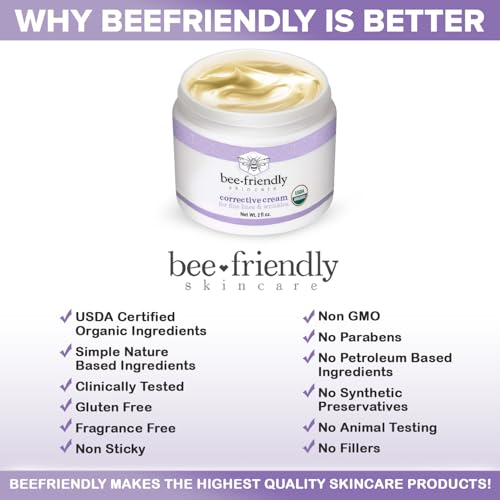 BeeFriendly Organic Corrective Cream, USDA Certified Face Moisturizer Rich Revitalizing Night Cream For Sensitive Skin Aids With Fine Lines, Wrinkles, Crows Feet, Eyes, Face, Neck 4 oz (2 Jars in box)