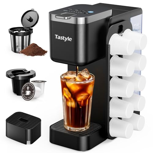 Tastyle Black Hot & Iced Coffee Maker with Magnetic K-Pod Holder - Compact, Fast Brewing, Fits 7.3" Mug