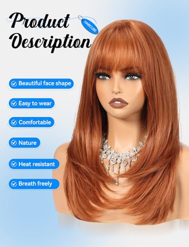 HAIRCUBE Orange Layered Long Straight Synthetic Wig with Bangs - Heat Resistant & Natural Look