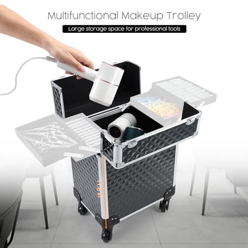 Rolling Makeup Train Case Large Cosmetic Trolley Organized Aluminum Barber Case for Hairstylist Makeup Nail Tech Salon with Keys Swivel Wheels Traveling Cart Trunk - Black