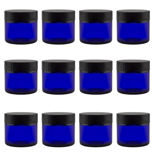 Cobalt Blue Glass Cosmetic Jars 2oz Pack of 12 - Airtight Lids for Balms & Creams
