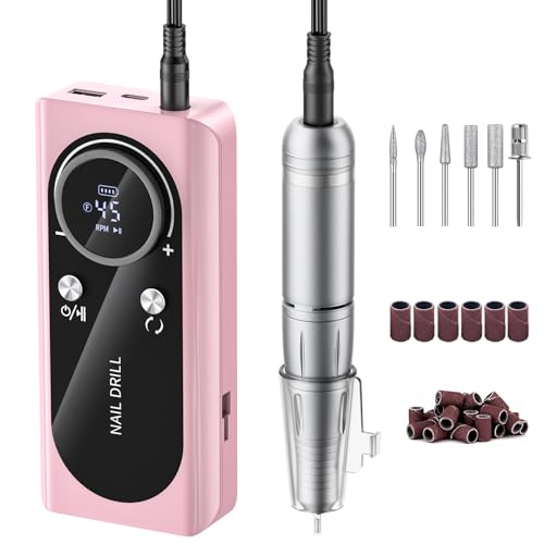 Electric Nail Drill Machine 45,000RPM - Professional Electric and Rechargeable Nail Drill with LCD Display, 6 Bits and 30 Sanding Bands, Low Heat Quiet E-File for Acrylic Gel Nails V9-3
