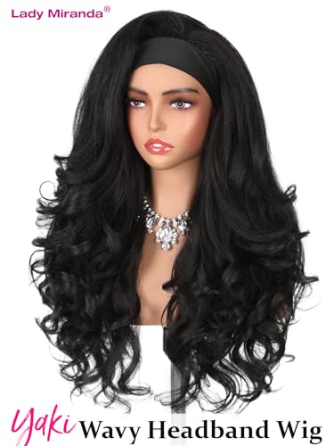 Lady Miranda Yaki Curly Headband Wig - Black Layered Flip Curls 26 Inches