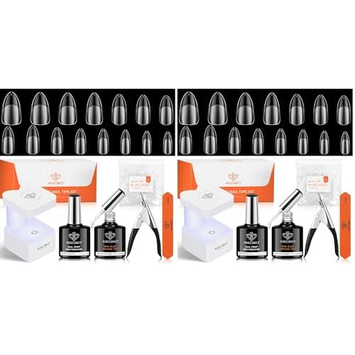 modelones Gel Nail Kit Almond, Upgrade 15Sizes Fake Nails, 9-in-One Glue Dehydrator & Mini U V Light Clipper, 510Pcs Medium Almond Press on Tips for Extension DIY Salon Home Gift (Pack of 2)