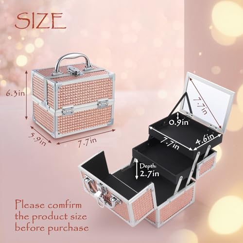 Costravio Glitter Pink Makeup Box with Mirror & Lock - Travel Organizer for Girls Women Kids