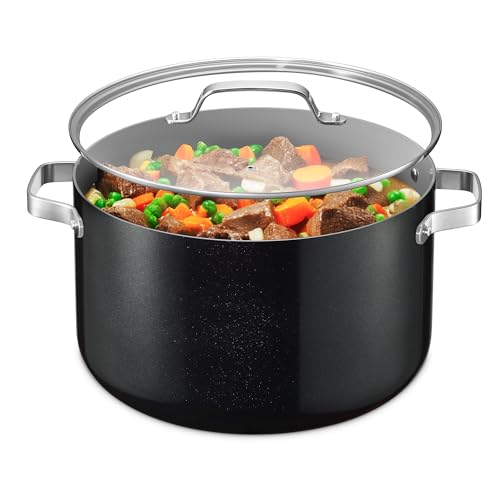 16 Quart Ceramic Coated Stock Pot with Lid - Nonstick, Oven Safe, All Stove Compatible - Black