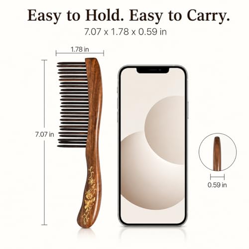 Handmade Wooden Wide Tooth Comb for Curly Hair - Anti-Static Detangling Hairbrush