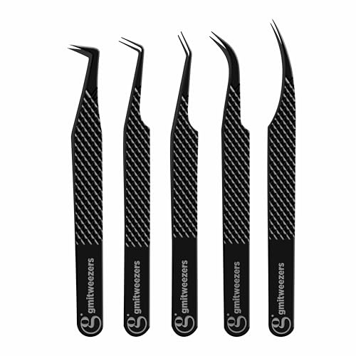 Black Lash Tweezers Set of 5 - Stainless Steel Eyelash Extension Tweezers