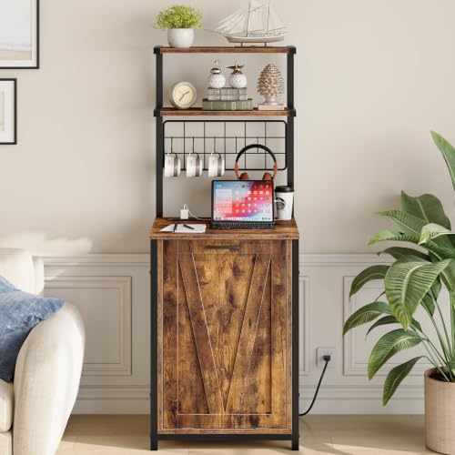 Bakers Rack with Power Outlet and Trash Can Storage - Kitchen & Dining Organizer