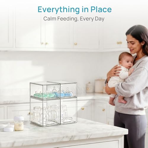 Stackable Storage Drawers Set of 8 - Clear Plastic Organizer Bins with Handles & Non-Slip Feet - Includes 4 Small, 2 High, 2 Wide