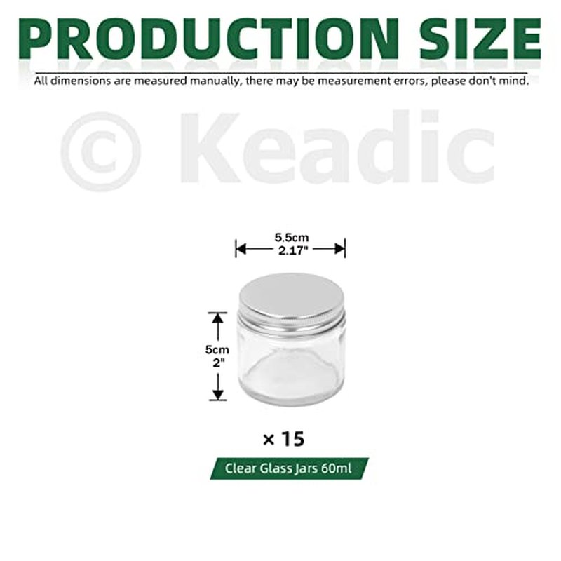 Keadic 15 Pcs 60ml/2oz Glass Jars with Lids Assortment Set, Mini Round Airtight Canning Sample Jars with Silver Lids, Tiny Makeup Containers Empty Cosmetic Containers for Lotions Powders Liquid Creams
