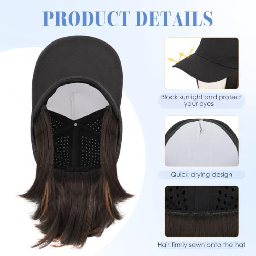 Quick Dry Baseball Cap Wigs for Women - Black & Brown 8 Inch Short Bob Style with Ventilated Design
