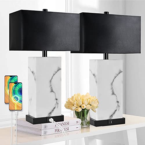 Black Touch Table Lamp Set of 2 with USB Ports | 24-Inch Dimmable Bedside Lamps