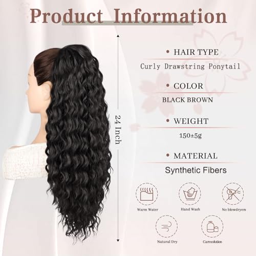 24 Inch Curl & Wavy Ponytail Extension for Black Women - Natural Black, Curly, Clip-In, Drawstring Style, Variation: Black Brown