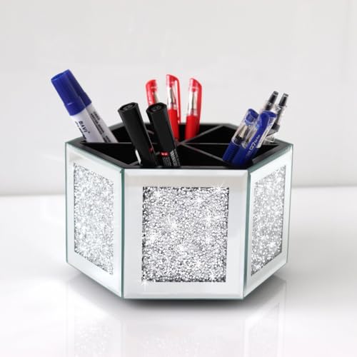Rotatable Multifunctional Jewelry Utensil Holder Hexagon Jewelry Make up Organizer Cups Crush Diamond Mirror Decor, brush/office pen cup holder Eyeliners Display Case for Vanity