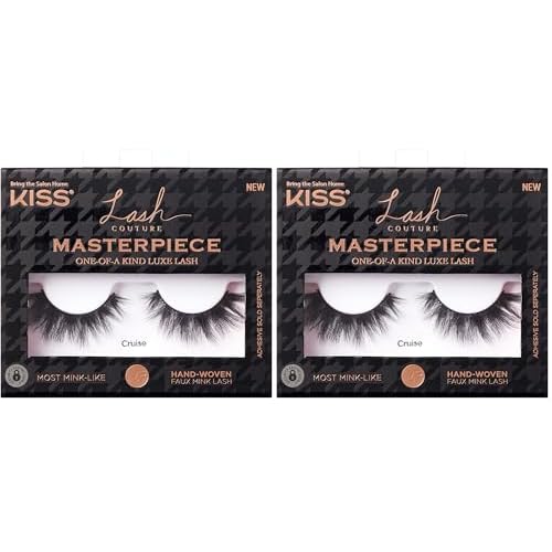 KISS Lash Couture Masterpiece False Eyelashes, Cruise', 12 mm, Contact Lens Friendly, Easy to Apply, Hand-Woven Faux Mink Reusable Strip Lashes, Includes 1 Pair of Lashes (Pack of 2)