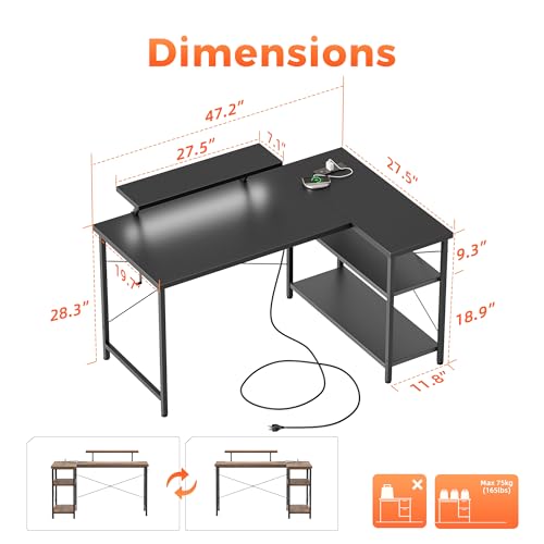 Corner Gaming Desk with Monitor Stand, Reversible L-Shape Computer Desk
