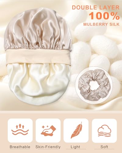 Mulberry Silk Sleep Bonnet for Women - Reversible Curly Hair Wrap with Tie Band