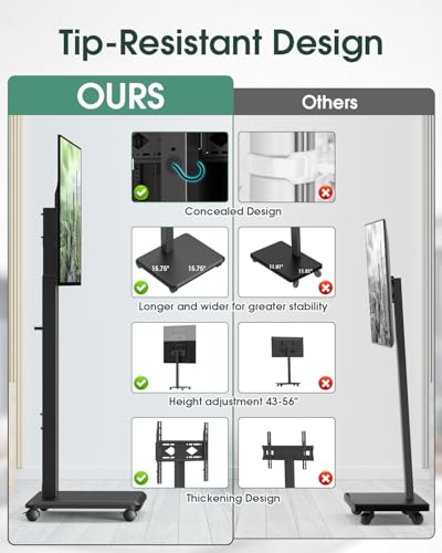 Black Portable Rolling TV Stand for 32-65 Inch Screens - Adjustable Height