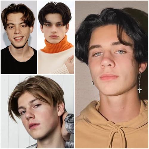 Mens Black Short Wig Middle Part Layered Straight Fluffy Hair for Male Daily Party Costume Cosplay Wear